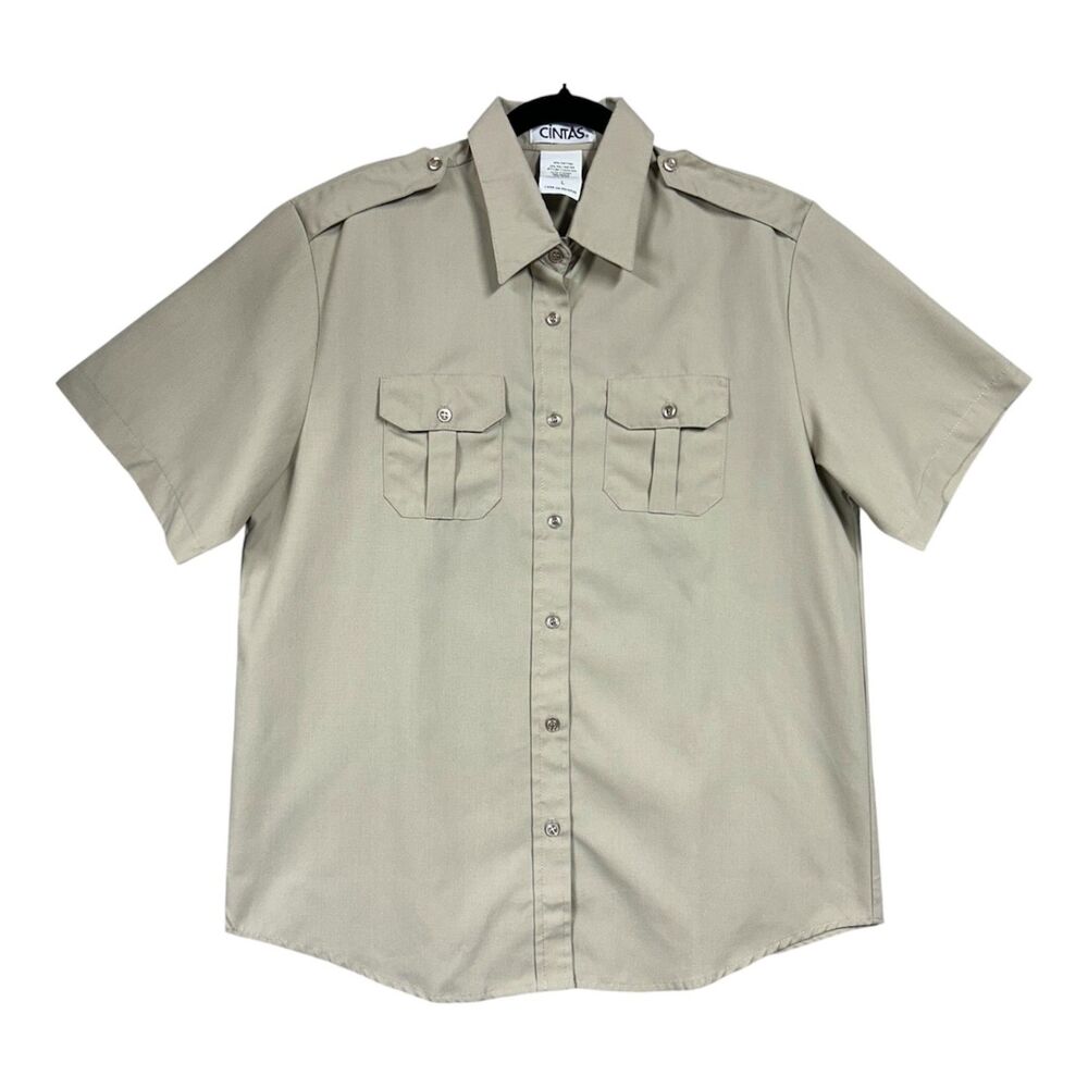 Cintas Womens Short Sleeve Button Up Collared Work Shirt Sz L Beige